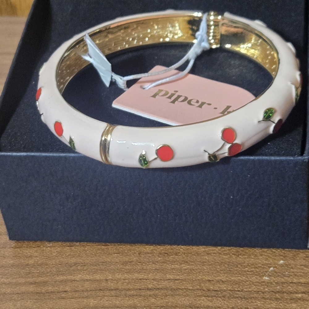 Piper-Women Pink Cherry Enamel Hinged Bangle Bracelet